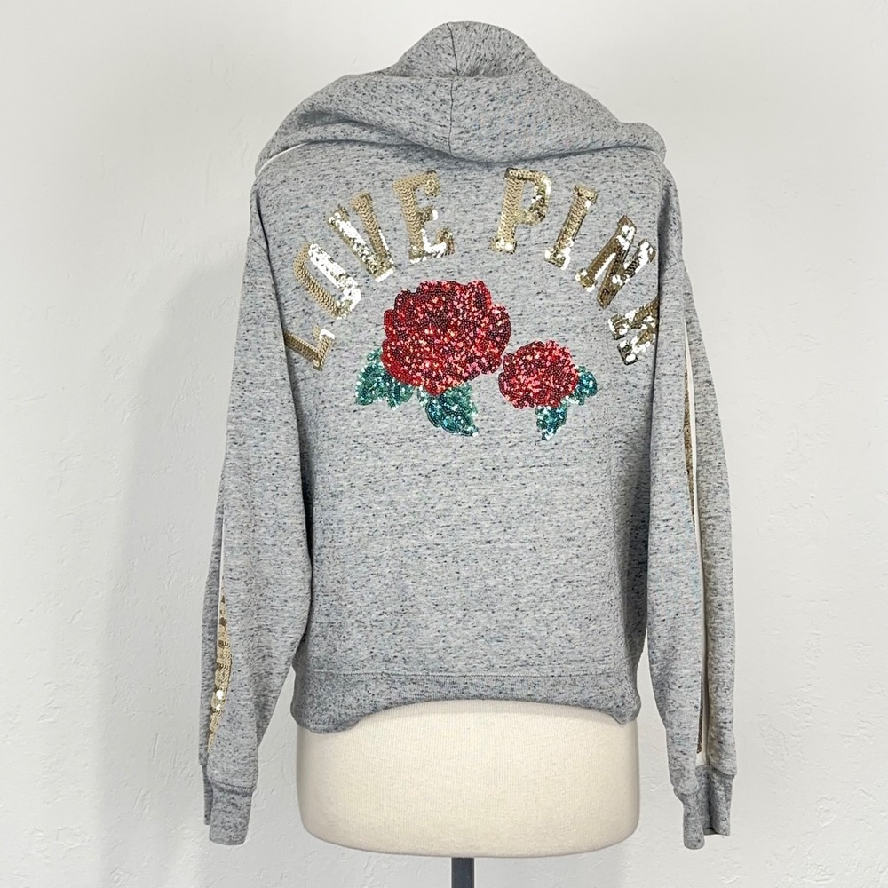 Victoria Secret Y2K Rose Sequin Hoodie Sz Small Gray Love Pink Bling Sweatshirt